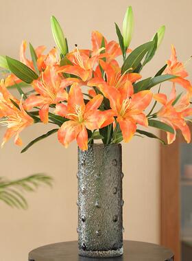 高档5头雅致百合仿真花束假花绢花塑料花摆设 客厅装饰品餐桌摆件