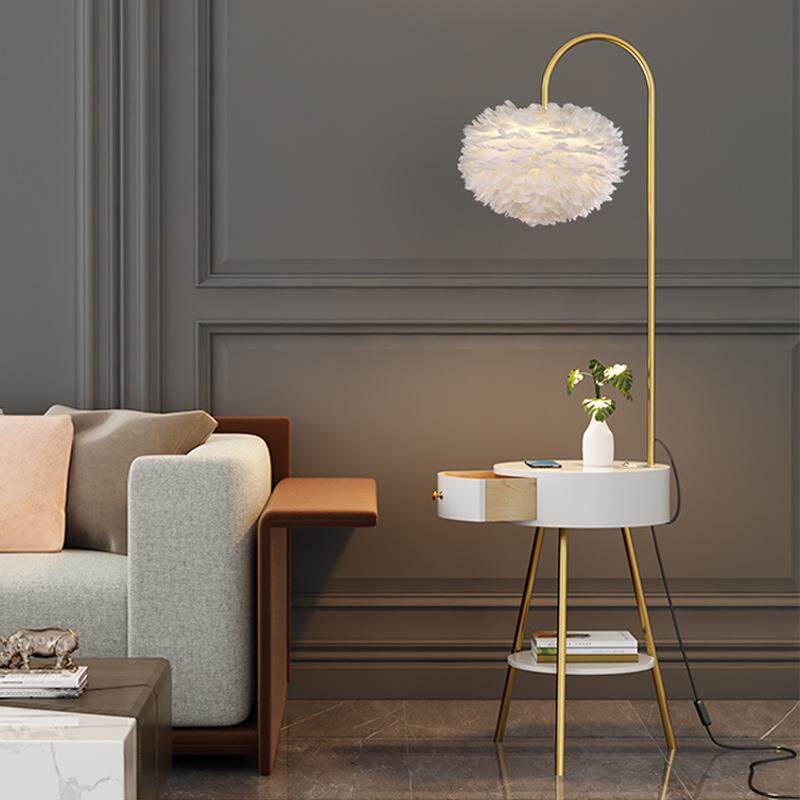 直销新款床头柜一体台灯羽毛茶几落地灯设计感轻奢智能高级卧室客