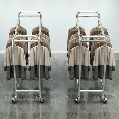不锈钢服装展示架落地式双排杆女装陈列挂衣架龙门货架专用移动轮