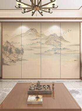 定制刺绣硬包背景墙新中式山水电视沙发独绣墙布壁画酒店床头软包