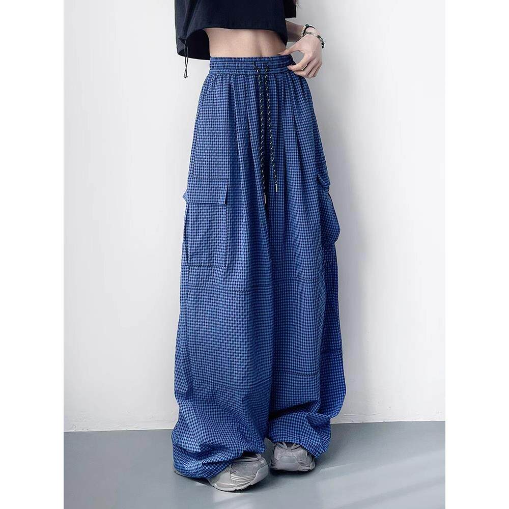 潮牌大码胖mm格子工装裤女夏薄款显瘦垂感轻薄速干运动冰丝阔腿裤