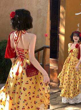 【ALITTLE 乱糟糟】“热带樱桃”度假风不规则露背吊带裙+半身裙