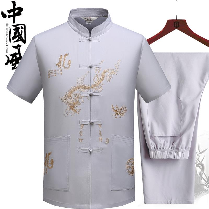 正品唐装0中老极年人爷男装汉服221春夏季爸爸长袖衬衫套装爷太晨