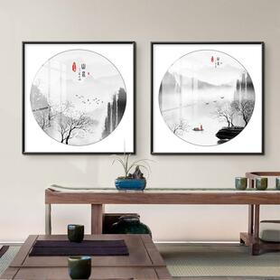 网红新中玄关饰画意山装水画方形挂画书房茶室式背景墙中画国风禅