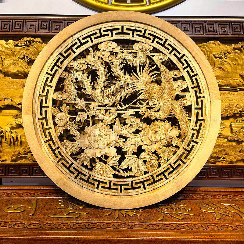 东阳木雕中式复古客厅壁挂香樟木雕刻凤凰牡丹玄关背景墙挂件画饰