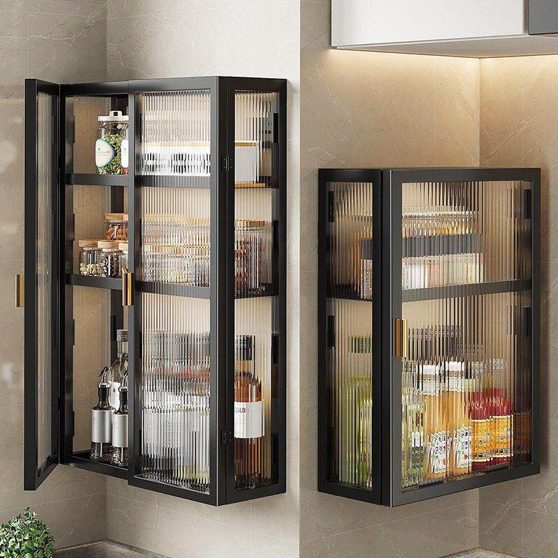 厨房墙壁置物柜免打孔壁挂式带门防尘调味品调料置物架墙上收纳柜