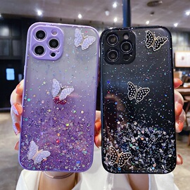 水钻蝴蝶适用iphone15手机壳14promax镜头全包，苹果13闪粉亮片12透明滴胶8plus硅胶套11渐变7p个性奢华6防摔女