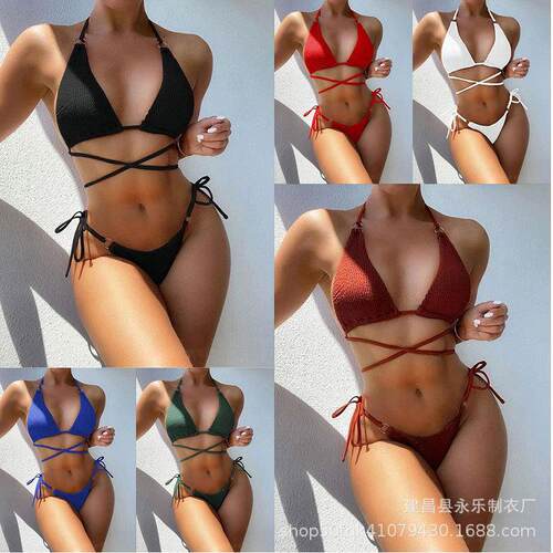 Textured Halter Neck Tie Side Bikini Set For Women Yog