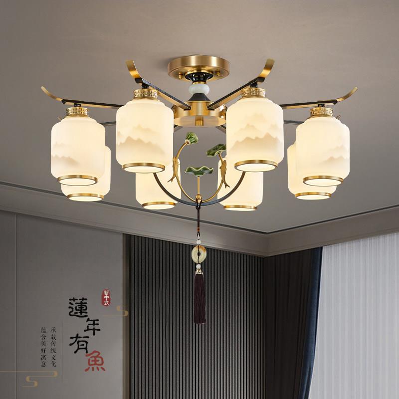新中式莲花吊灯全铜客厅灯中国风简约餐厅灯饭店荷花2024新款灯具