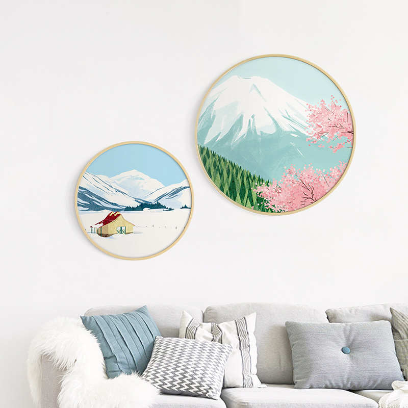 墙蛙现代简约餐厅装饰画北欧客厅沙发背景墙壁画四季实木圆形挂画图片