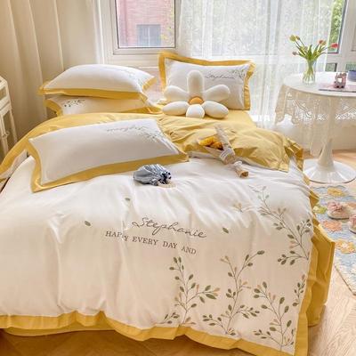 【刺绣约款公主ruyi风花】边简纯大气全棉棉刺绣床上四件套高档裸