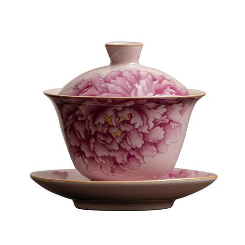 粉色汝窑牡丹三才盖碗女士专用功夫茶具泡茶碗家用陶瓷中式敬茶碗