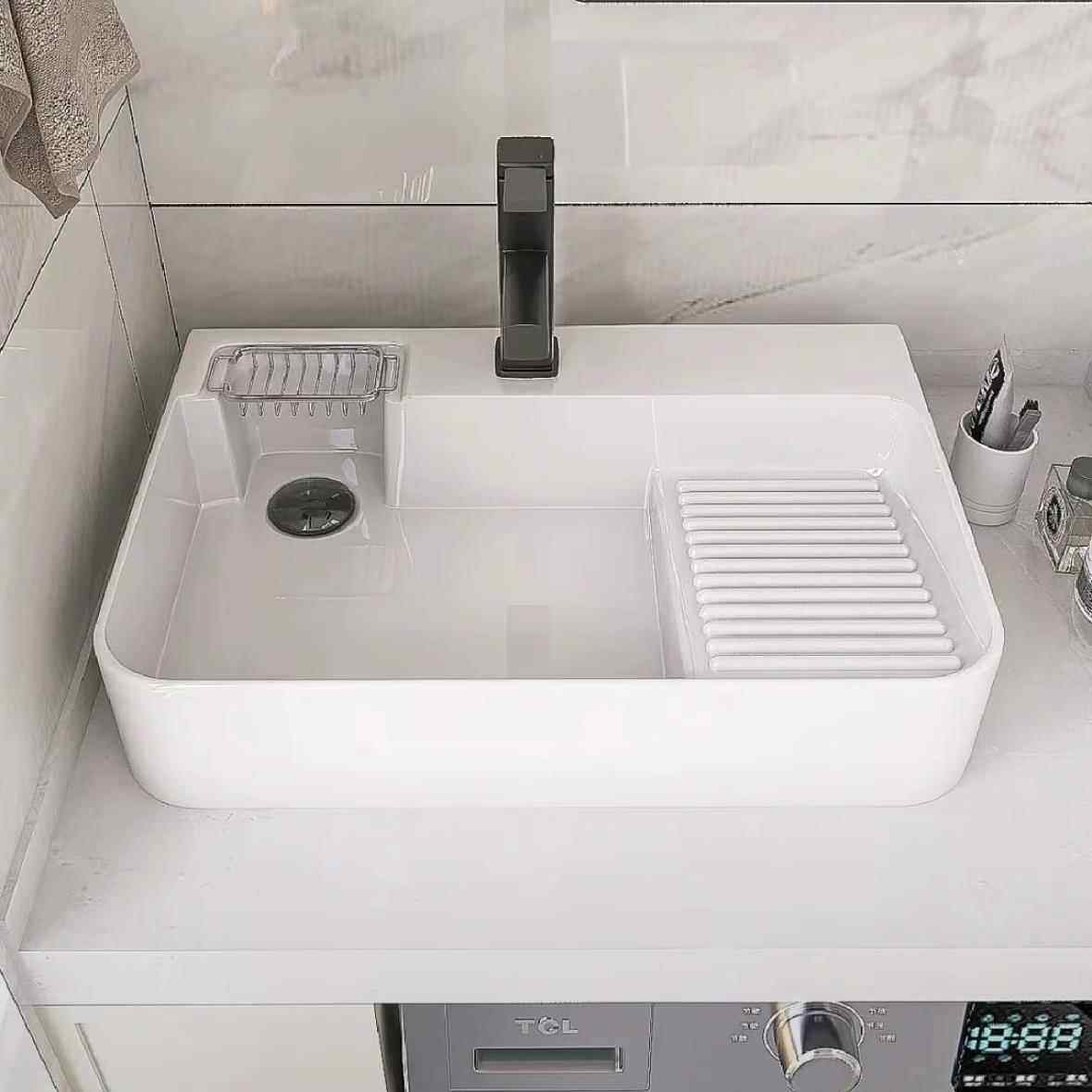 陶瓷台上盆带搓衣板阳台洗衣机侧边下水化妆室洗手盆侧排水单水槽