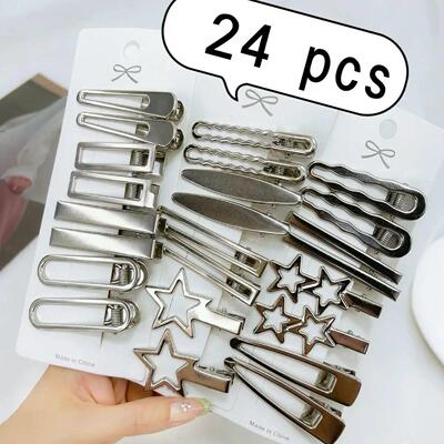 4/24Pcs Silver Y2k Hair Clips for Women Elegant Metal Duckbi