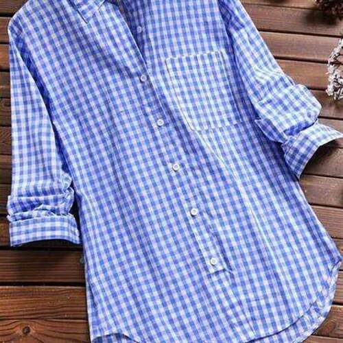 Plaid long johns lapel long sleeve shirt button down women