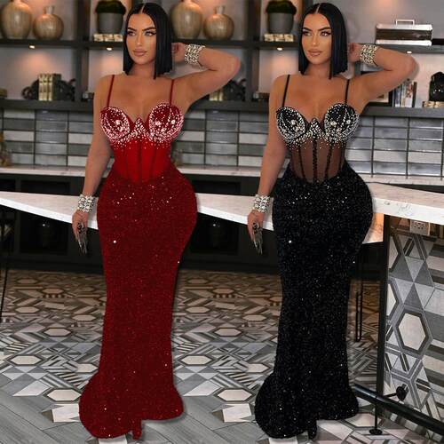 Women's Prom dress,Velvet sequin party dress, strappy dress