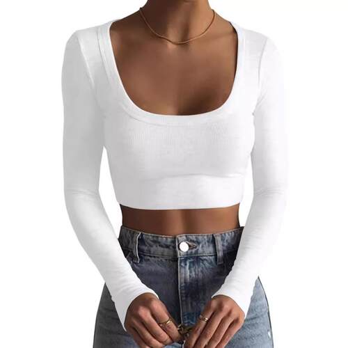 Long sleeved ultra short slimming T-shirt with exposed