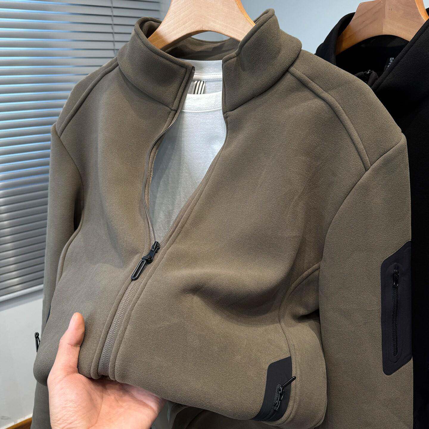 MAROLIO~高档奥粒绒外套男秋冬季休闲加绒加厚开衫男卫衣立领夹克