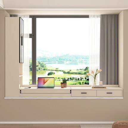 飘窗一体书柜储物柜中古风飘窗书桌可缩电桌脑桌阳台窗775台7L柜4