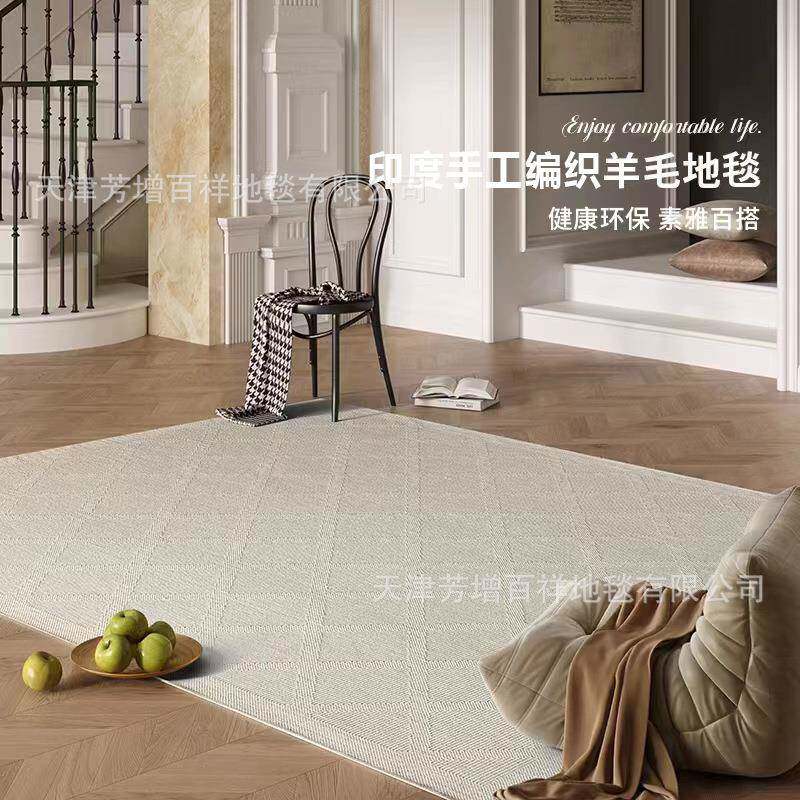 印度手工编织羊毛地毯客厅轻奢高级感侘寂风极简纯色满铺无胶地毯