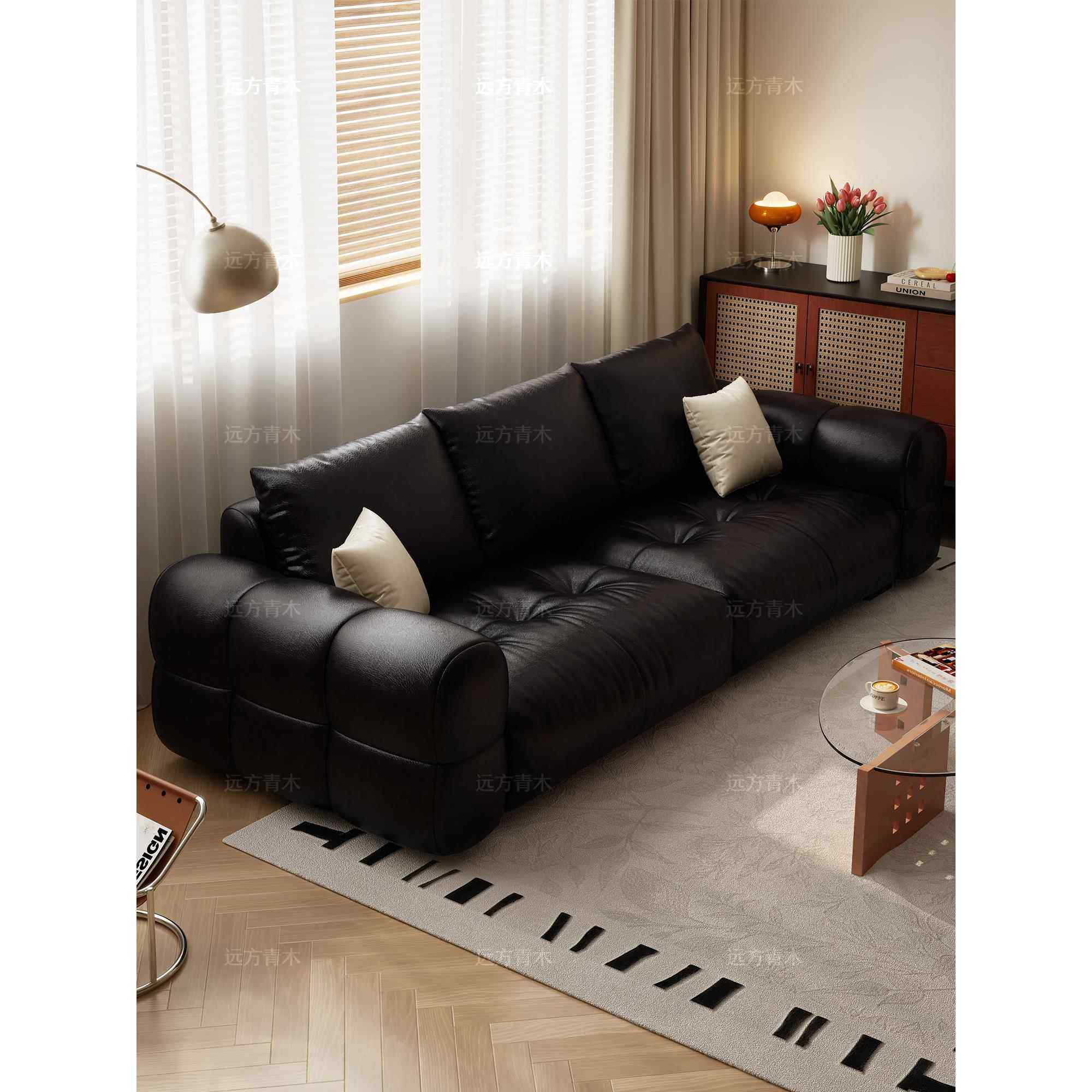 法式覆古风油蜡皮黑色泡芙沙发客厅家用户型公寓民宿直排皮艺沙发