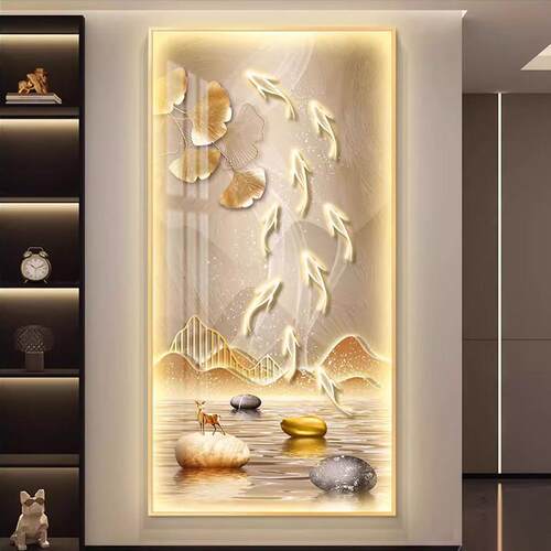 九鱼图led灯轻奢入户玄关装饰画走廊过道挂画简约现代新中式壁画