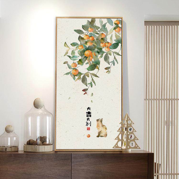 客入户玄关挂画走廊过道竖版厅LPA大幅水画事事如新中式柿子果意