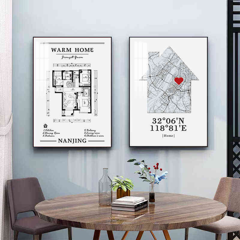 定制户型图挂画简约城市线条墙画房屋经纬度住宅平面图纸装饰画图片
