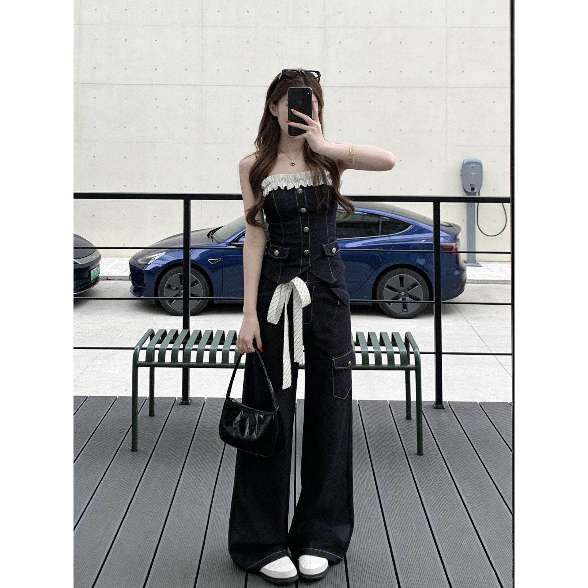 RIXO OFF牛仔套装女款夏季2026穿搭荷叶边一字肩吊带上衣阔腿裤