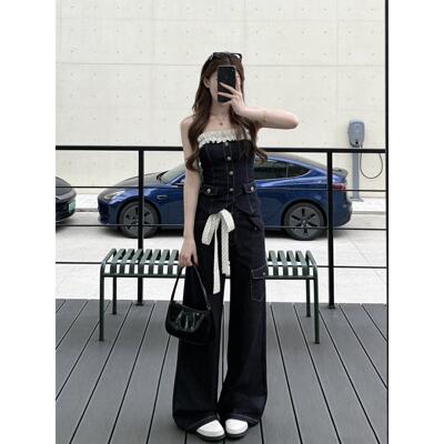 RIXO OFF牛仔套装女款夏季2026穿搭荷叶边一字肩吊带上衣阔腿裤