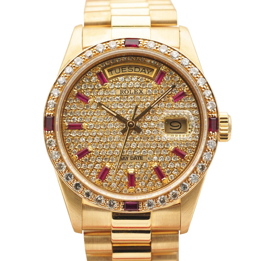 正品[9.8新]劳力士星期日历型18K黄金后镶钻自动机械男表18038