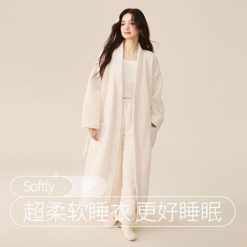 秋冬季女士睡衣半边绒加长厚睡袍珊瑚绒套装晨浴袍情侣睡袍男生
