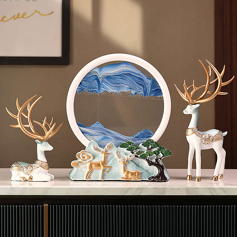 招财鹿迎客松流沙画摆件轻奢高档家居客厅酒柜电视柜办公室装饰品