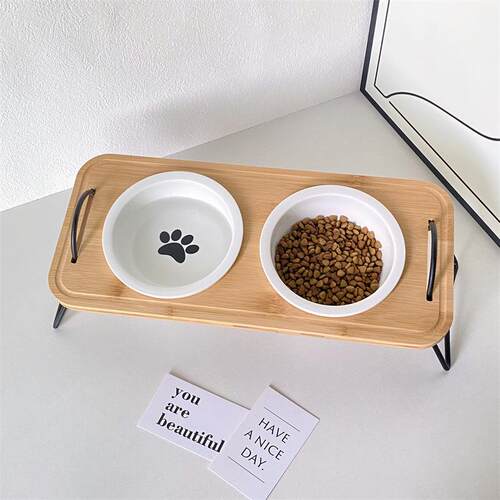 猫碗双碗猫食盆陶瓷狗饭盆猫咪喂水碗平口狗粮碗防打翻宠物碗木架