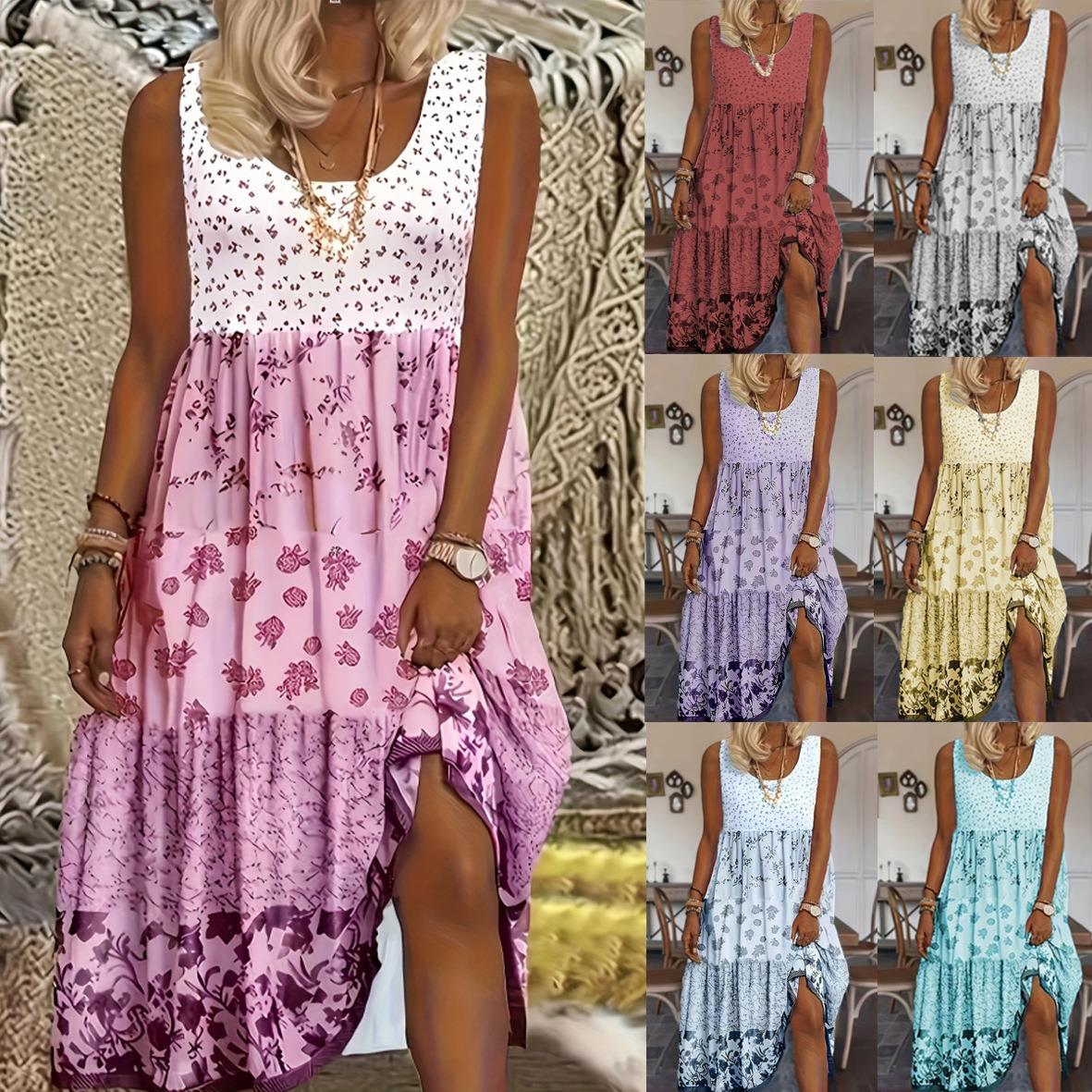 Plus Size Dress, Women's Plus Colorblock Ditsy Floral Print图片