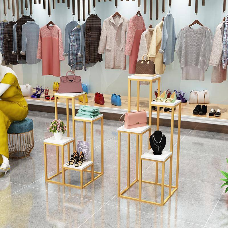 服装店橱窗展示架金色多层童装店鞋帽包包架子货架高低流水台