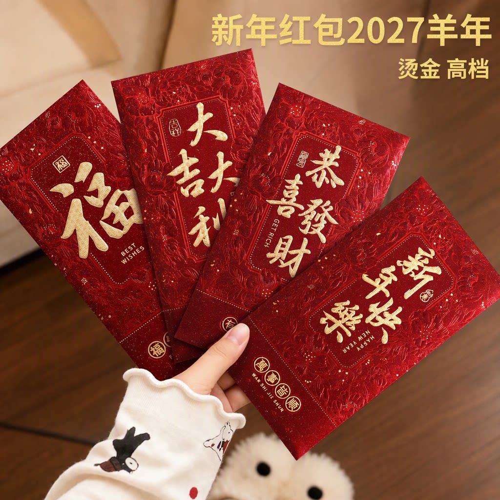 结婚新年红包2027羊年压岁钱春节拜年祝寿生日烫金囍字高档利是封