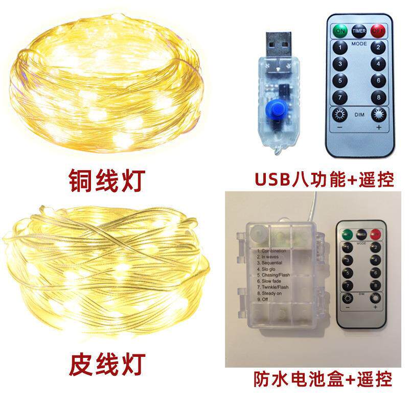 LED灯串八功能USB防水电池盒遥控铜线灯串皮线灯串圣诞装饰彩灯串