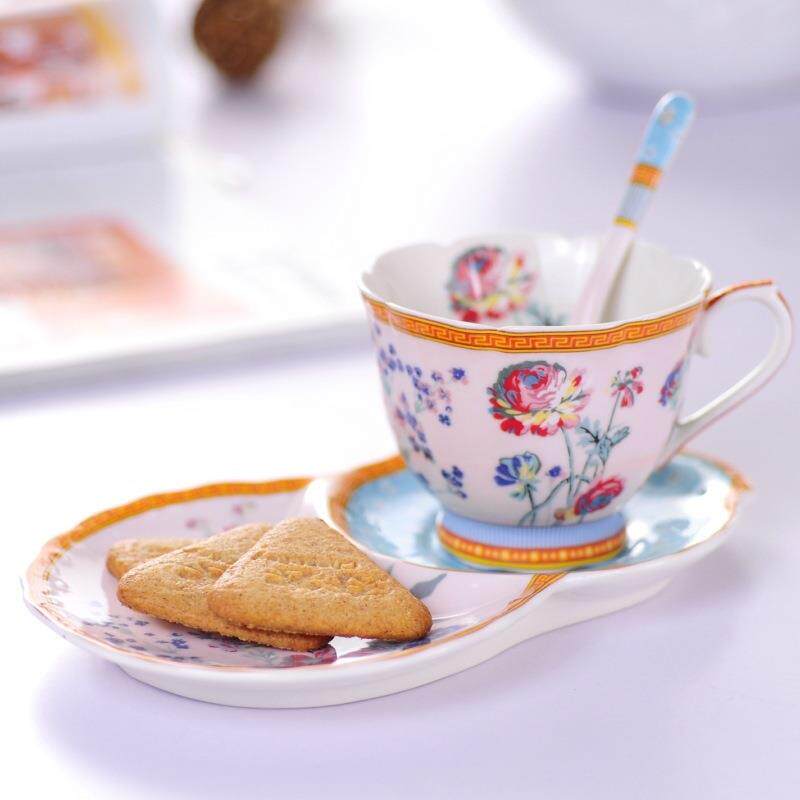 现货 油画毛茛花釉中彩陶瓷咖啡杯碟套装葫芦形碟子带勺子