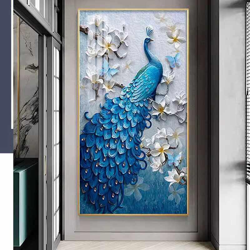 客厅入户门玄关装饰画 画过道走廊尽头壁画 画中式孔雀凤凰晶瓷镶