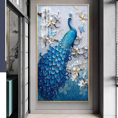 客厅入户门玄关装饰画 画过道走廊尽头壁画 画中式孔雀凤凰晶瓷镶