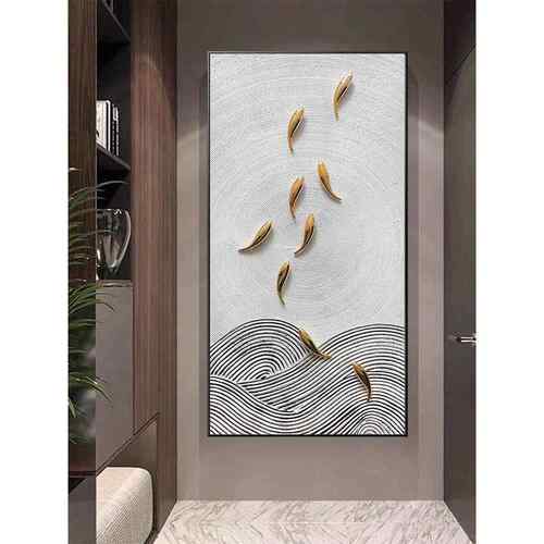 新款直销入户玄关新中式鱼图轻奢装饰画样板间立体手绘挂画实物竖