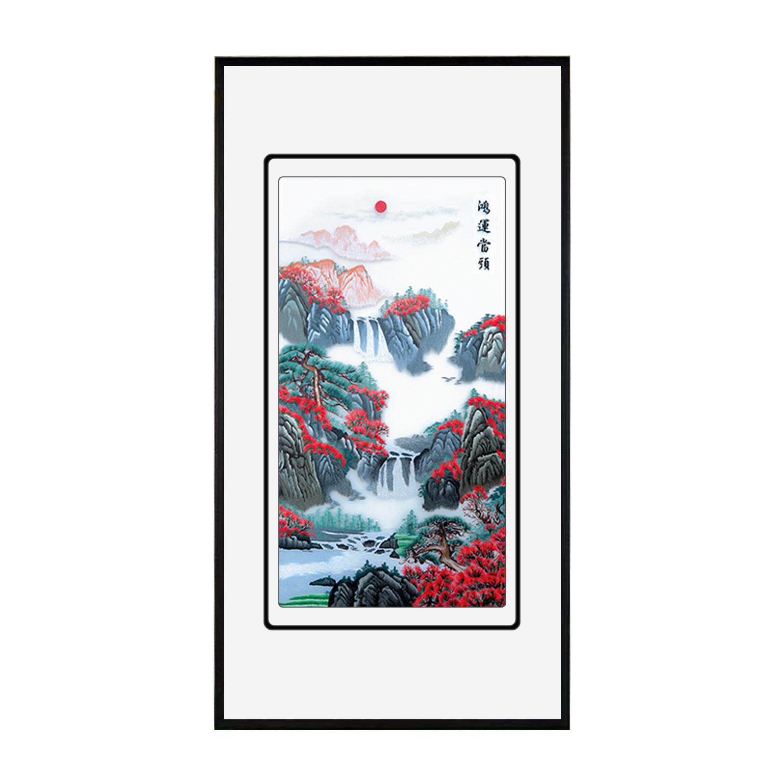 玄关装饰画新中式入户苏绣国画山水带框刺绣高级感过道竖版背景画