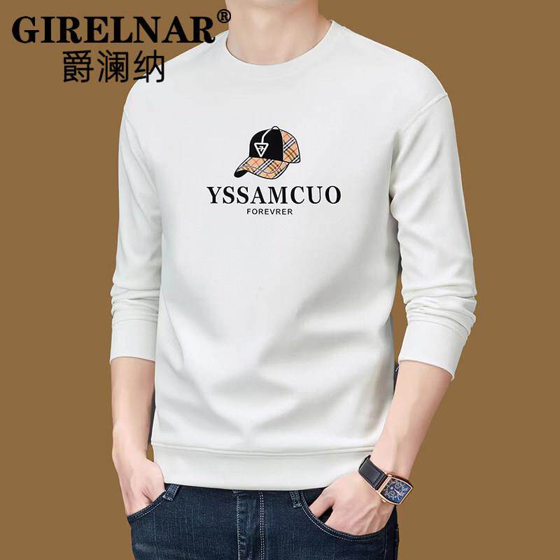 爵澜纳春季新款2026男士卫衣高端t恤圆领休闲中年印花纯棉打底衫