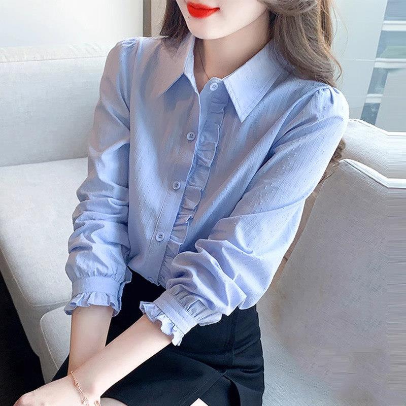 蓝色法式衬衫女士长袖春秋2026新款高级感减龄洋气木耳边衬衣上衣