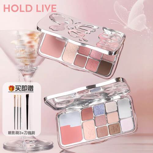 HOLDLIVE雾境蝶影综合粉盘12色蝴蝶眼影腮红修容一体多彩色彩妆盘
