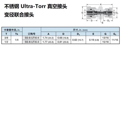 SS-6-UT-6-4世伟洛克Swagelok不锈钢Ultra-Torr 真空管接头