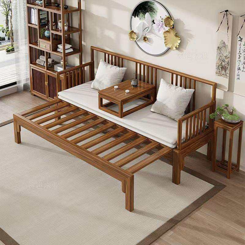 新款实木推拉罗汉床新中式沙发床组合一体两用抽拉多功能伸缩床