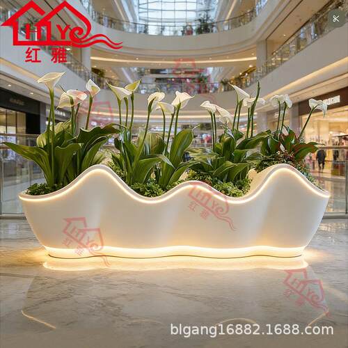 内带LE灯光波浪梯D形玻璃钢花HY-26008盆酒店大堂电厅花器室软装