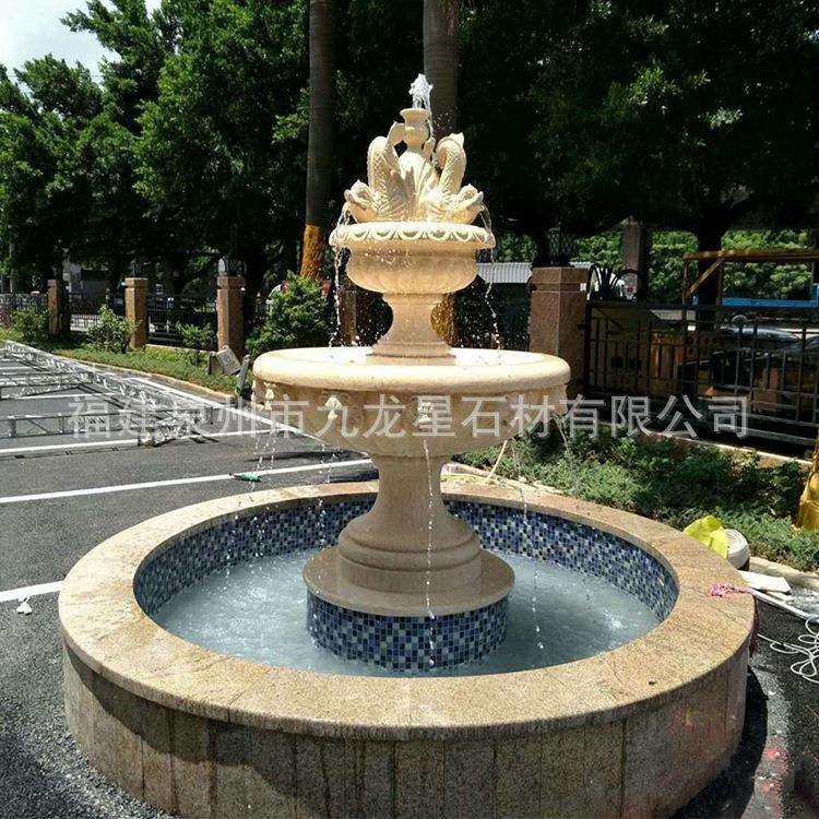 流水欧式喷泉黄锈石户外石雕水钵大型水景观庭院装饰摆件花盆石盘